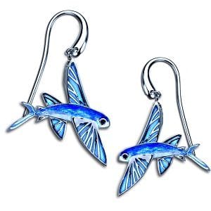 Flying Fish Dangle Earrings - Sterling Silver with Plique-a-jour Enamel Wings and Black Diamond